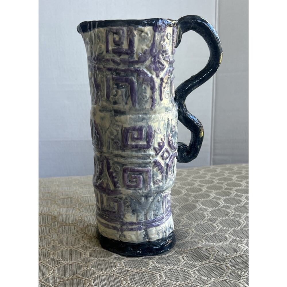 Vintage Style Studio Pottery Tankard Greek Key Purple Textured Artisan Ceramic
